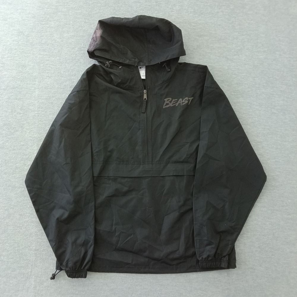 Champion MrBeast Windbreaker Mens Medium Black Quarter Zip Anorak Hooded Jacket